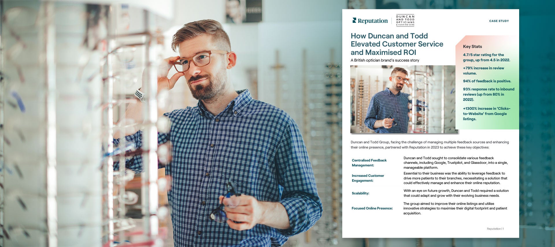 Screenshot of the 'Duncan and Todd' report case study cover. Includes man trying on a pair of glasses.