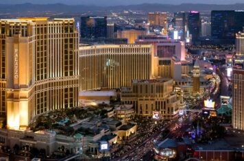 Venetian Palazzo exterior at dusk, Las Vegas, NV