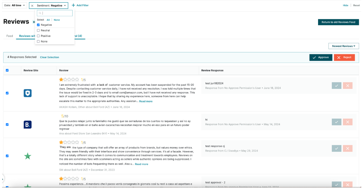 Example of Review Response Sentiment Filters