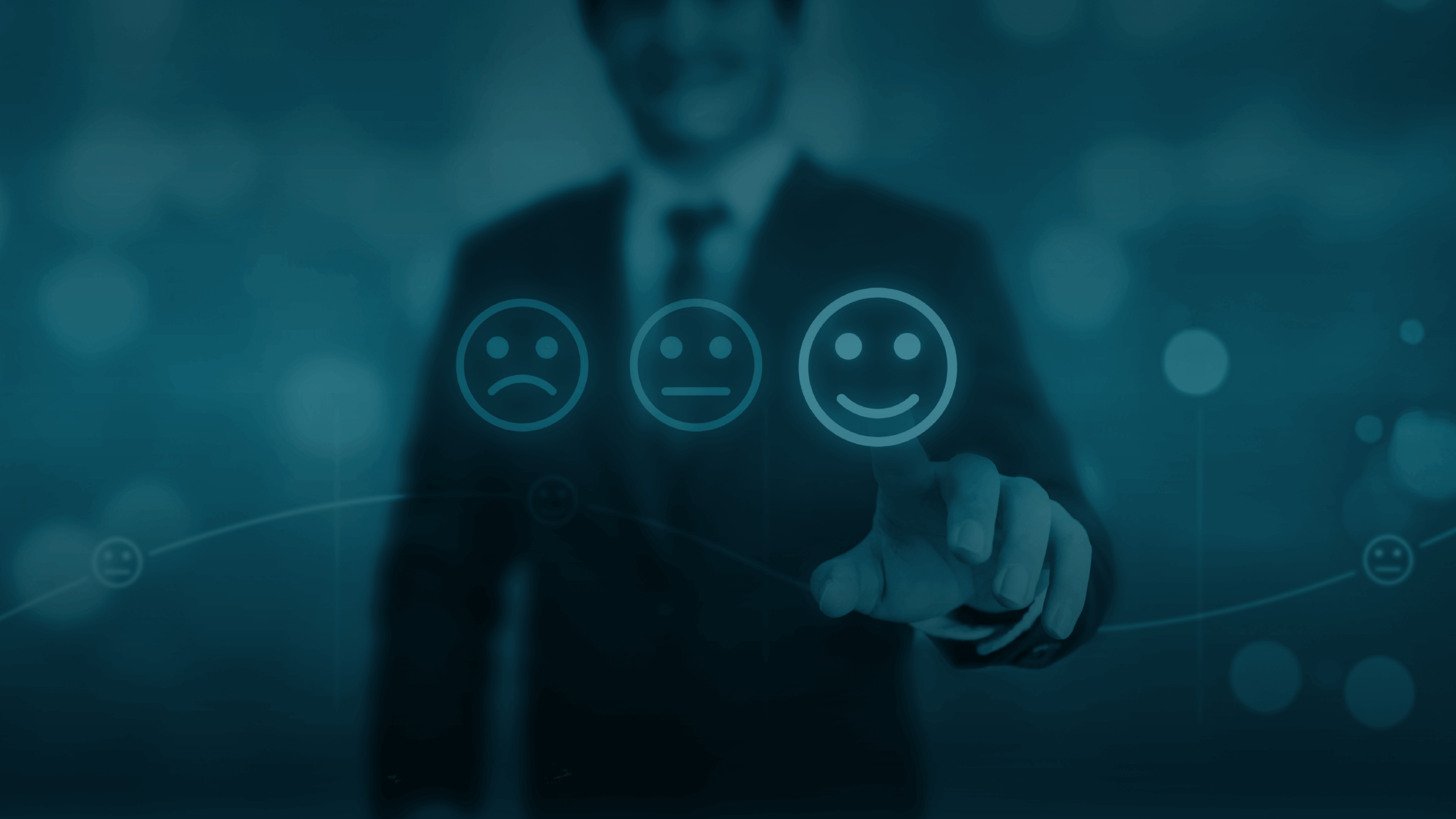 Man reaching out to touch smiley-face sentiment icon